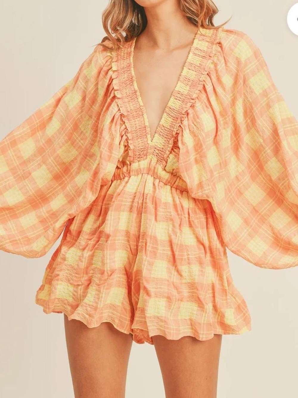 MABLE Yellow and Orange Plaid Ruffle Oversized Peasant Top Romper